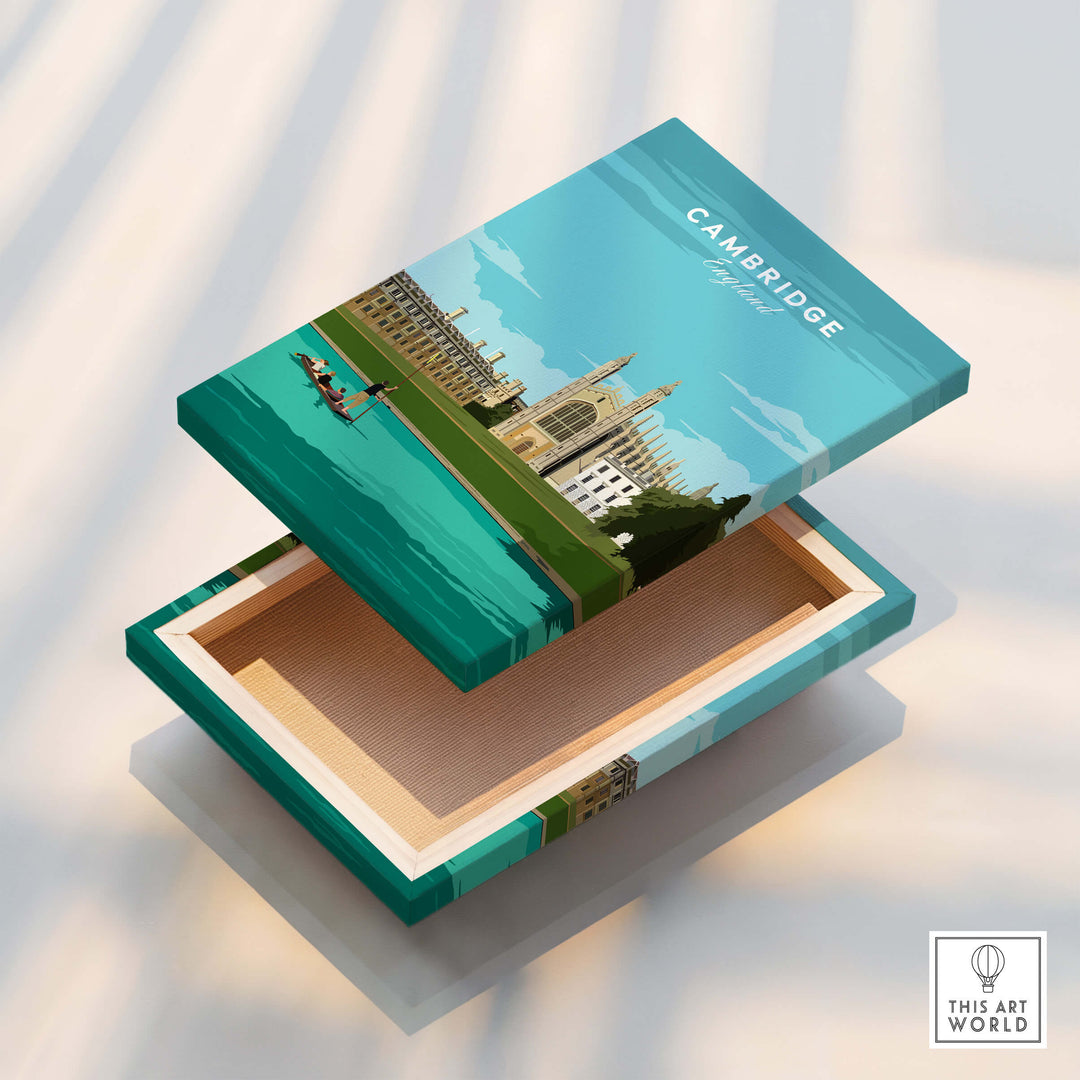 Cambridge Poster Print Wall Art | Vintage box design with architectural imagery of Cambridge, showcasing elegance and charm.