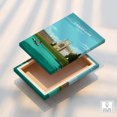 Cambridge Poster Print Wall Art | Vintage box design with architectural imagery of Cambridge, showcasing elegance and charm.