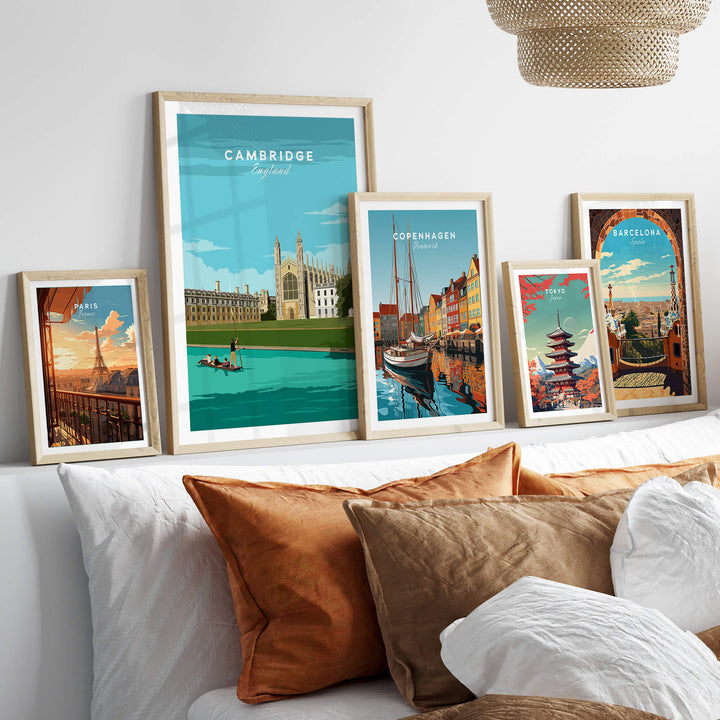 Cambridge Poster Print Wall Art | Vintage showcased in a stylish, modern living room setting with other city prints.