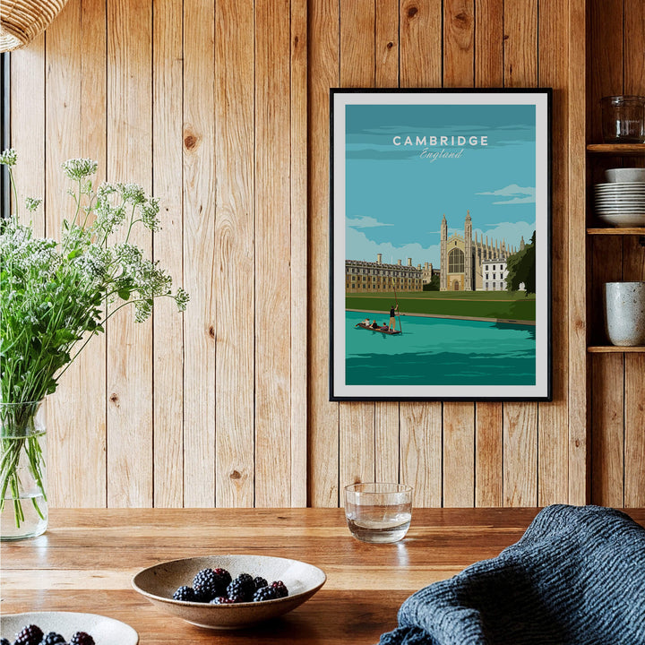Cambridge Poster Print Wall Art | Vintage displayed in a wooden interior with flowers and bowls.