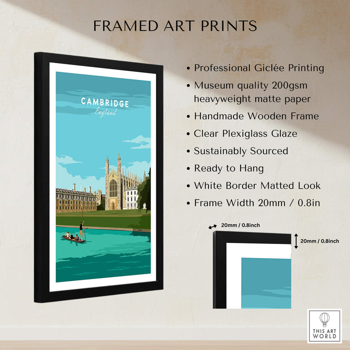 Cambridge Poster Print Wall Art | Vintage framed art print showcasing Cambridge landmarks and vibrant colors.