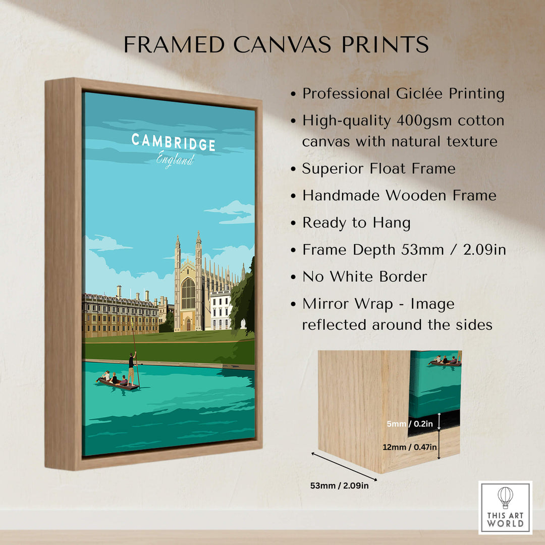 Cambridge Poster Print Wall Art | Vintage framed canvas print showcasing architectural imagery of Cambridge.