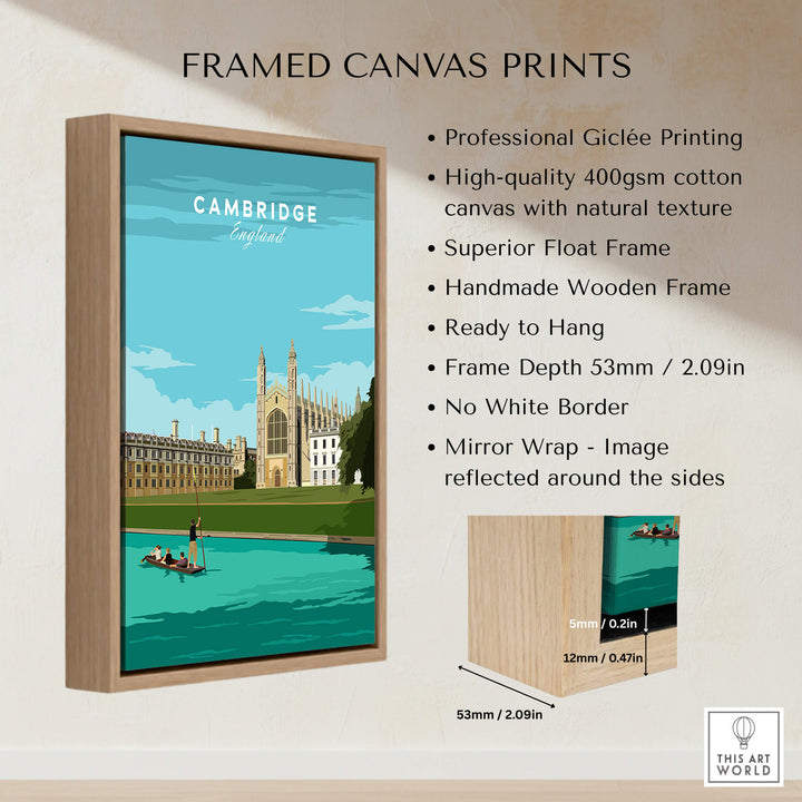 Cambridge Poster Print Wall Art | Vintage framed canvas print showcasing architectural imagery of Cambridge.