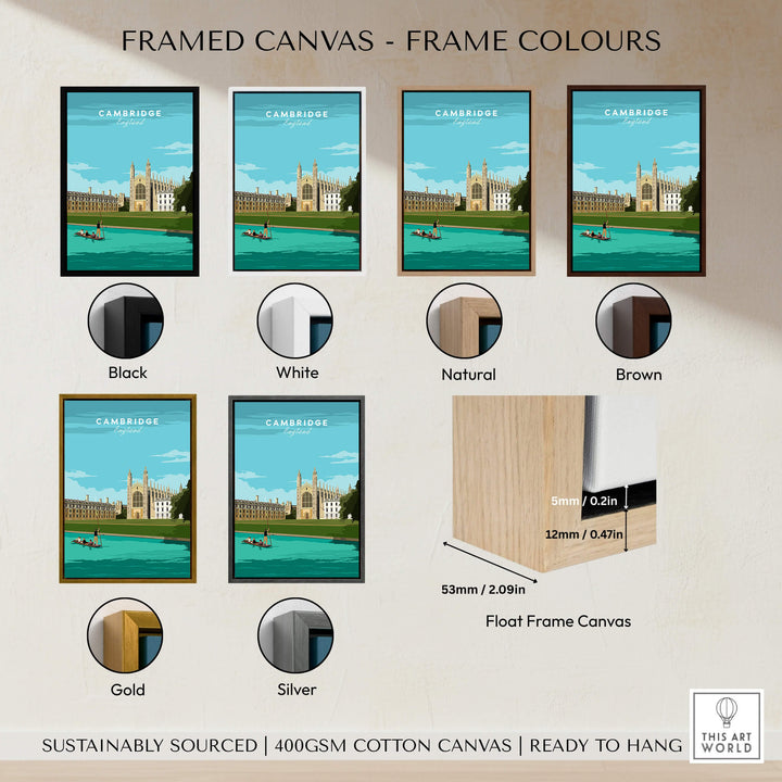 Framed canvas options for Cambridge Poster Print Wall Art | Vintage in different frame colors.