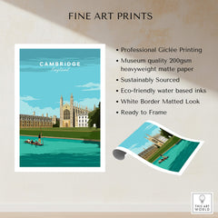 Cambridge Poster Print Wall Art | Vintage showcasing a vibrant design of Cambridge, England with a scenic river view.