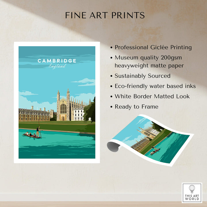 Cambridge Poster Print Wall Art | Vintage showcasing a vibrant design of Cambridge, England with a scenic river view.