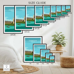 Size guide for Cambridge Poster Print Wall Art | Vintage showcasing various frame sizes.