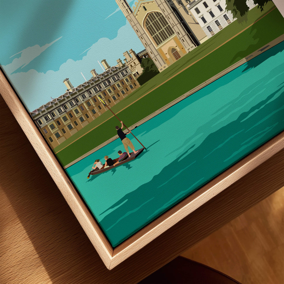 Cambridge Poster Print Wall Art | Vintage shows punting on the river near iconic architecture in a colorful, elegant design.
