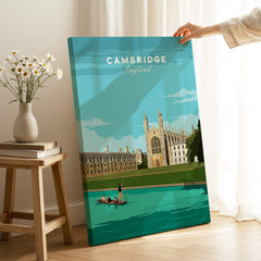 Cambridge Poster Print Wall Art | Vintage featuring iconic skyline of Cambridge, England with architectural details and tranquil river scene.