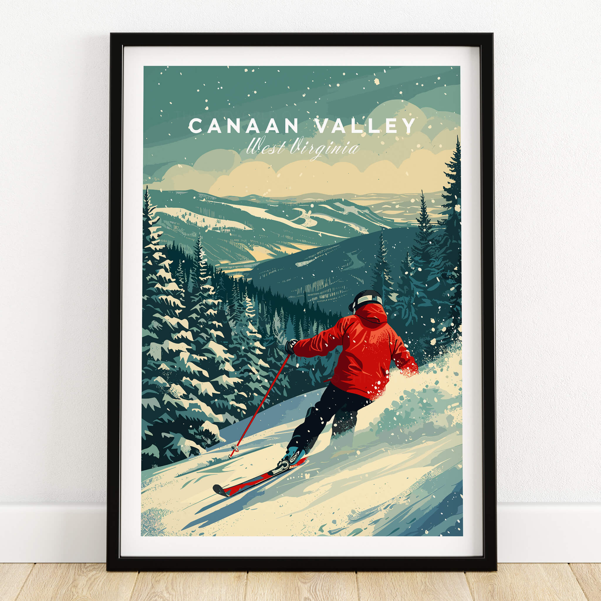 Canaan Valley Travel Poster - West Virginia featuring a skier in a snowy landscape with pine trees.