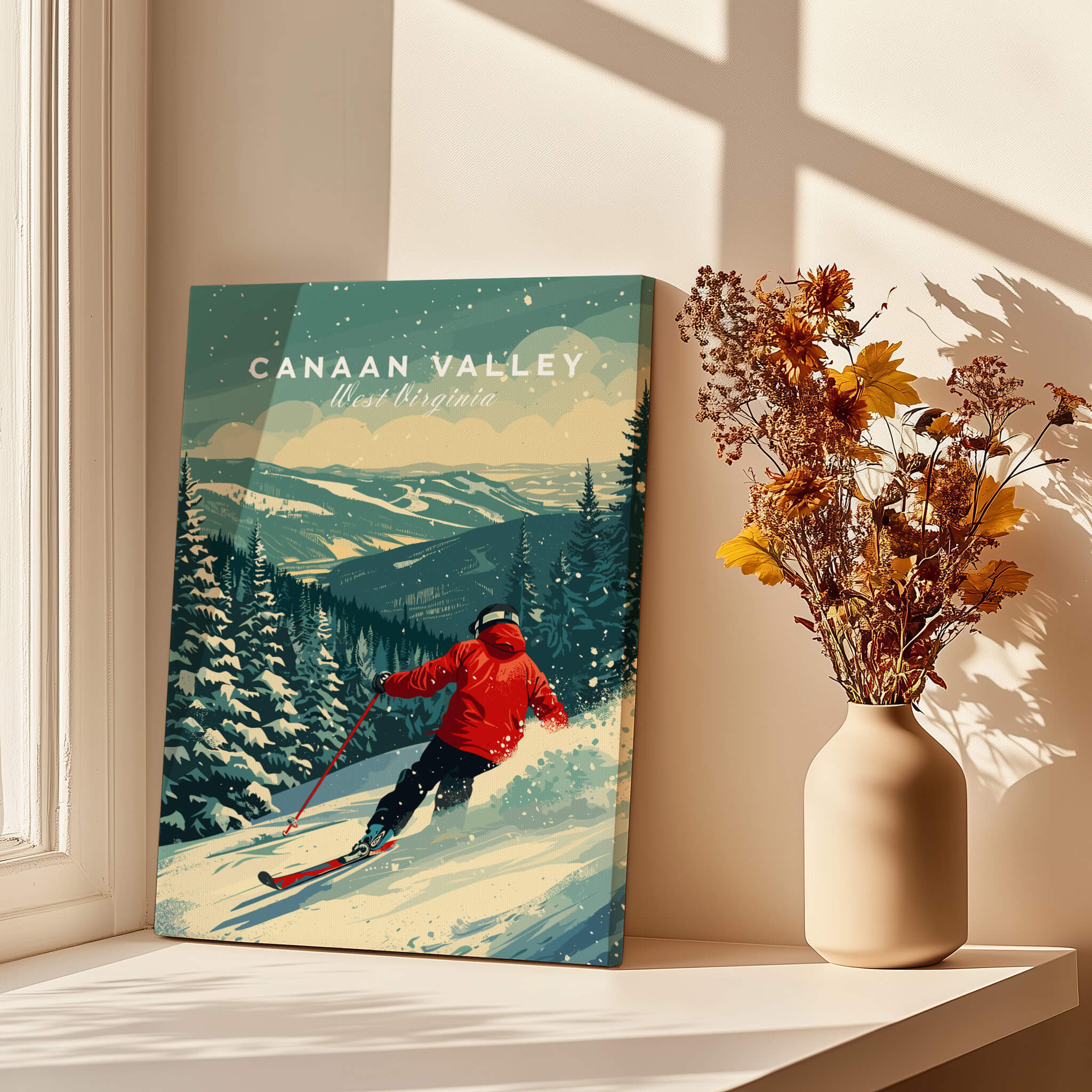 Canaan Valley Travel Poster -  West Virginia showcasing a skier on snowy slopes amidst beautiful mountains.