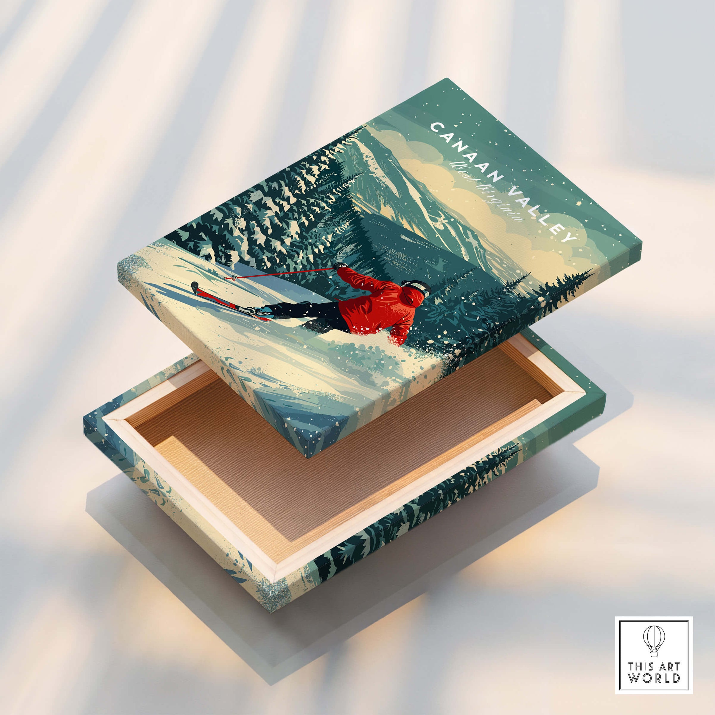 Canaan Valley Travel Poster - West Virginia showcasing a skier in a snowy landscape, perfect for outdoor enthusiasts.