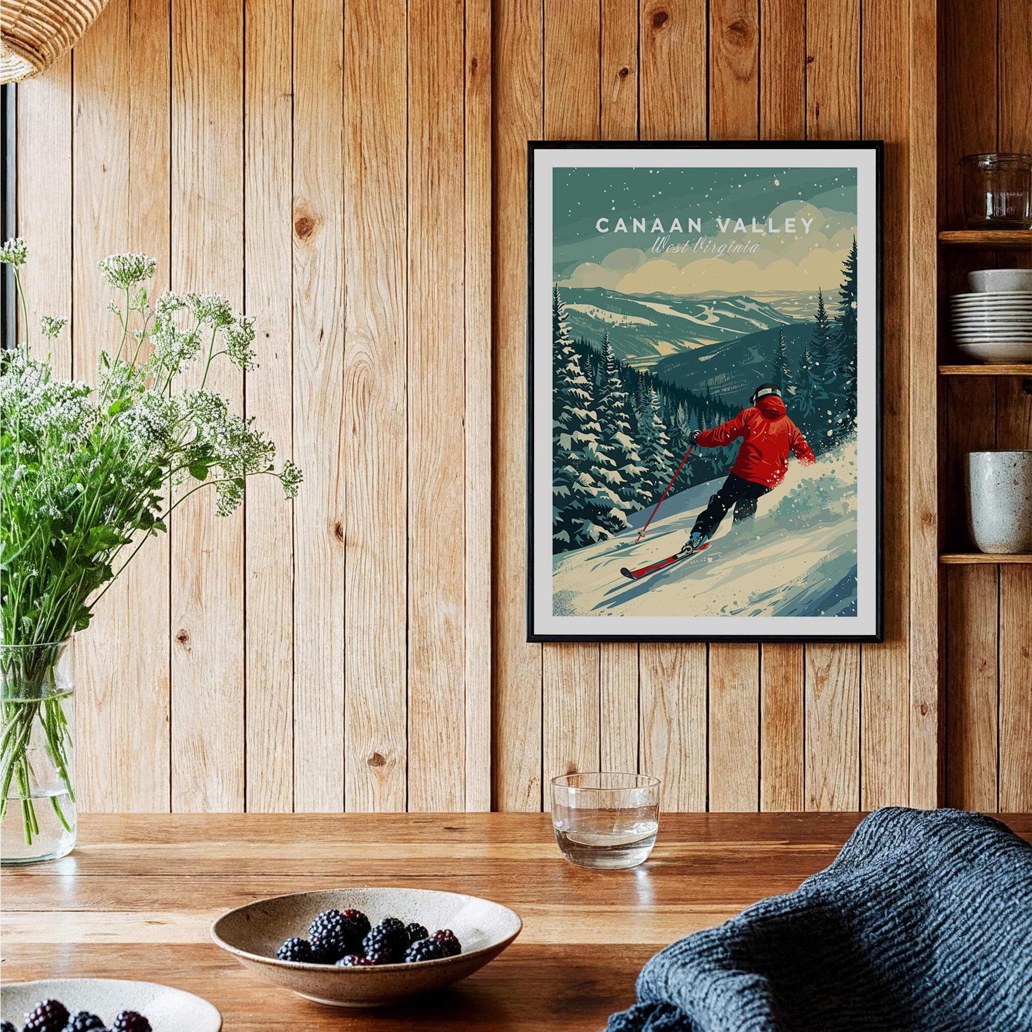 Canaan Valley Travel Poster -  West Virginia featuring a skier on stunning slopes with a snowy background.