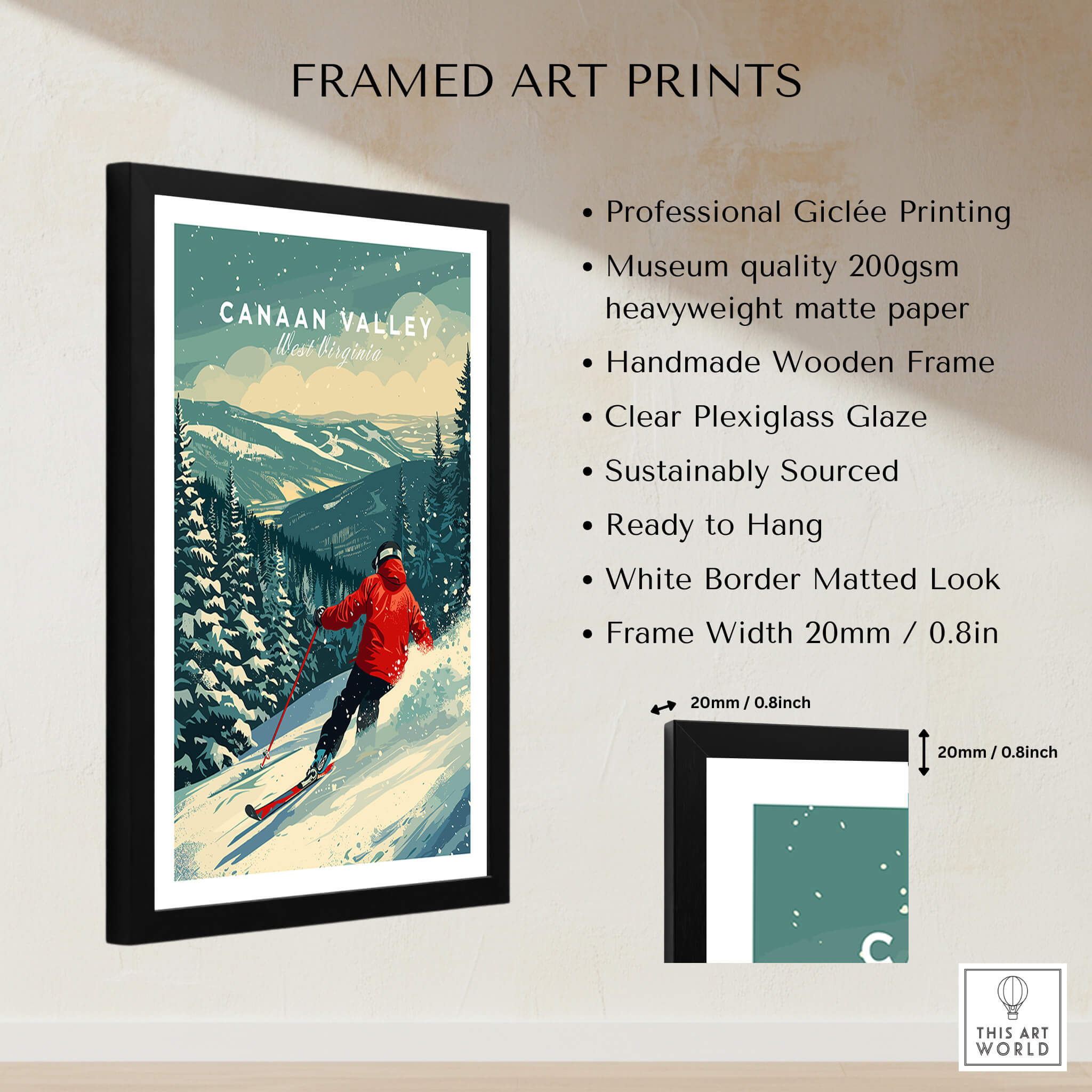 Canaan Valley Travel Poster - West Virginia framed art print featuring skier on snowy slopes.