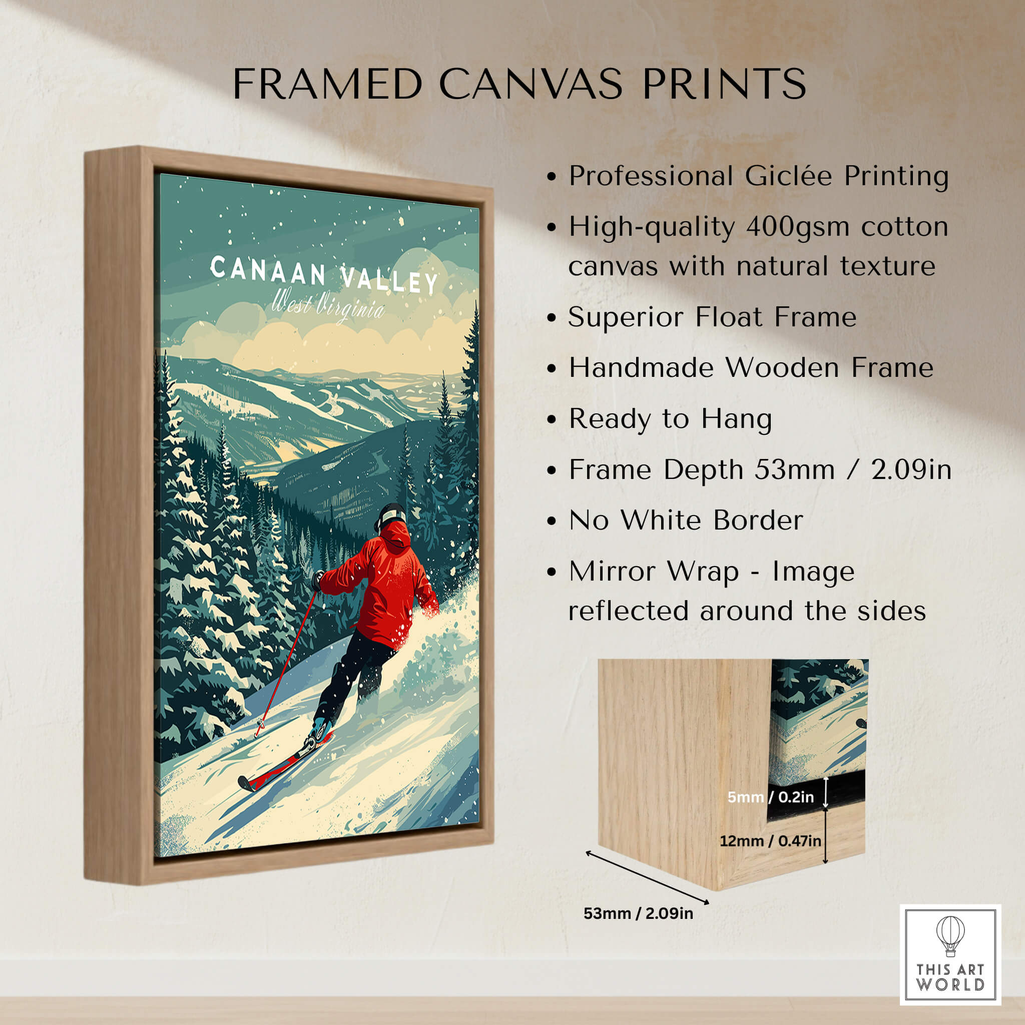 Canaan Valley Travel Poster -  West Virginia featuring a skier on snowy slopes in a framed canvas print.
