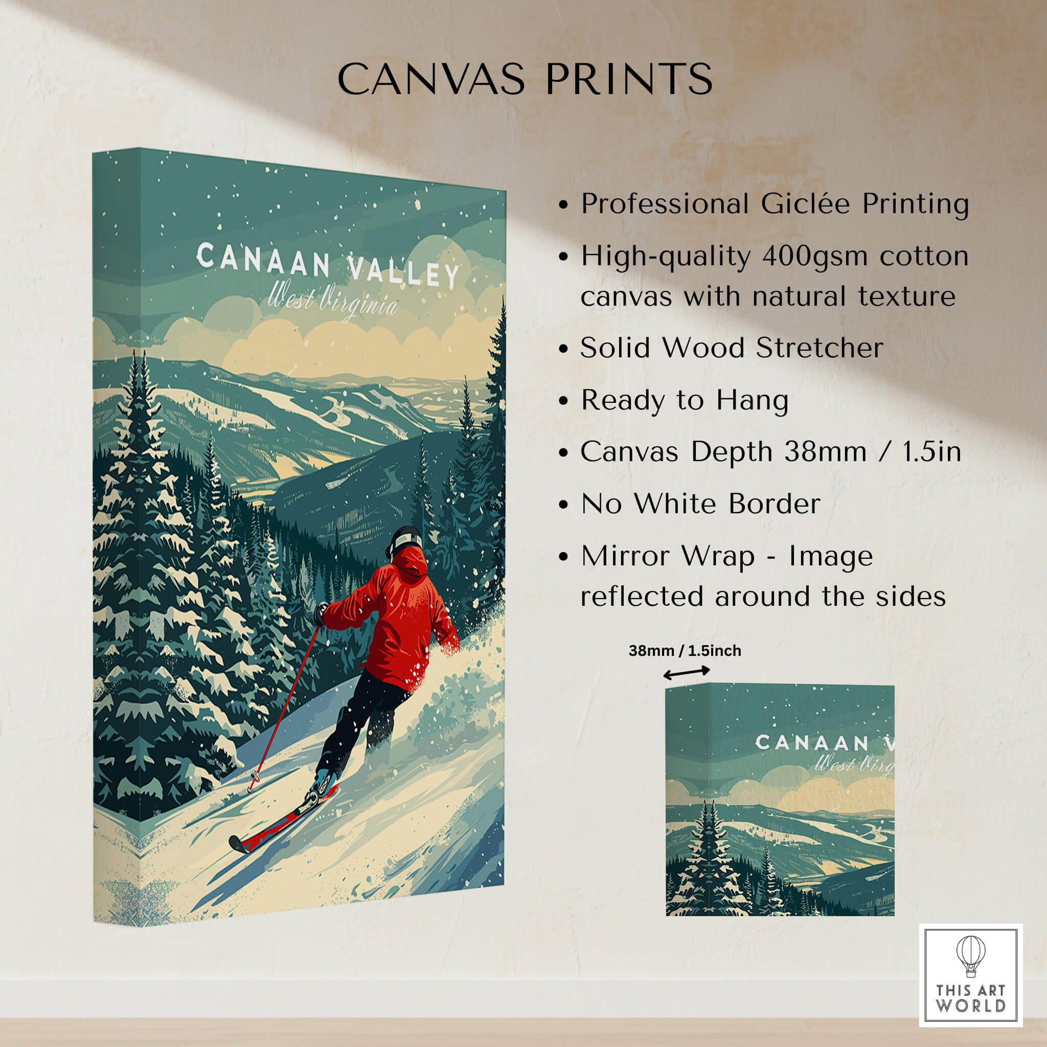 Canaan Valley Travel Poster -  West Virginia featuring skier on snowy slopes, perfect for outdoor enthusiasts.