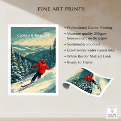 Canaan Valley Travel Poster - West Virginia showcasing skier on snowy slopes with mountains in the background.