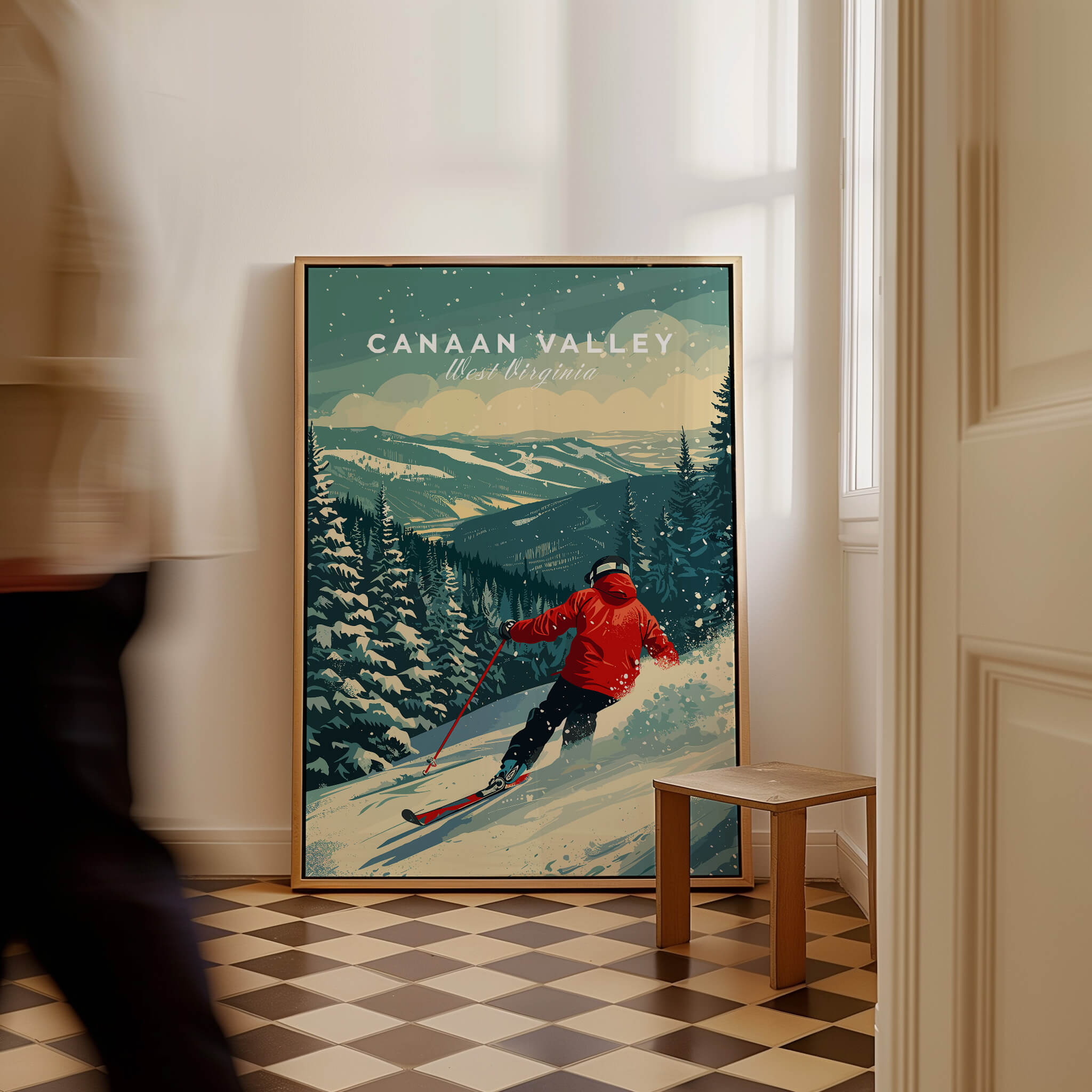 Canaan Valley Travel Poster - West Virginia showcasing a skier on snowy slopes in a cozy indoor setting.