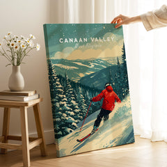 Canaan Valley Travel Poster - West Virginia featuring a skier on snowy slopes surrounded by evergreen trees.