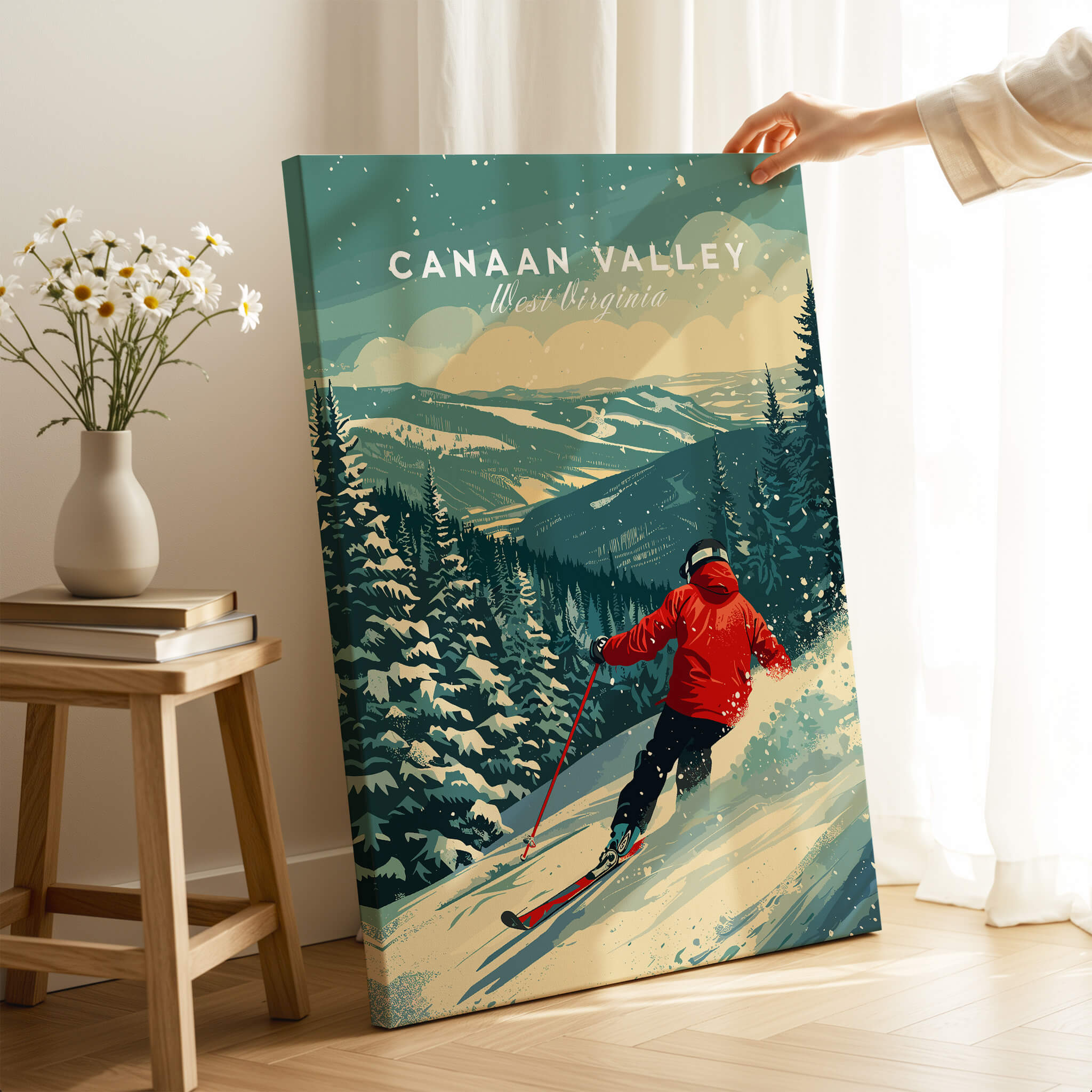 Canaan Valley Travel Poster - West Virginia featuring a skier on snowy slopes surrounded by evergreen trees.