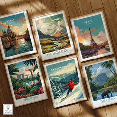 Canaan Valley Travel Poster - West Virginia featuring a skier in a snowy landscape with other travel posters.