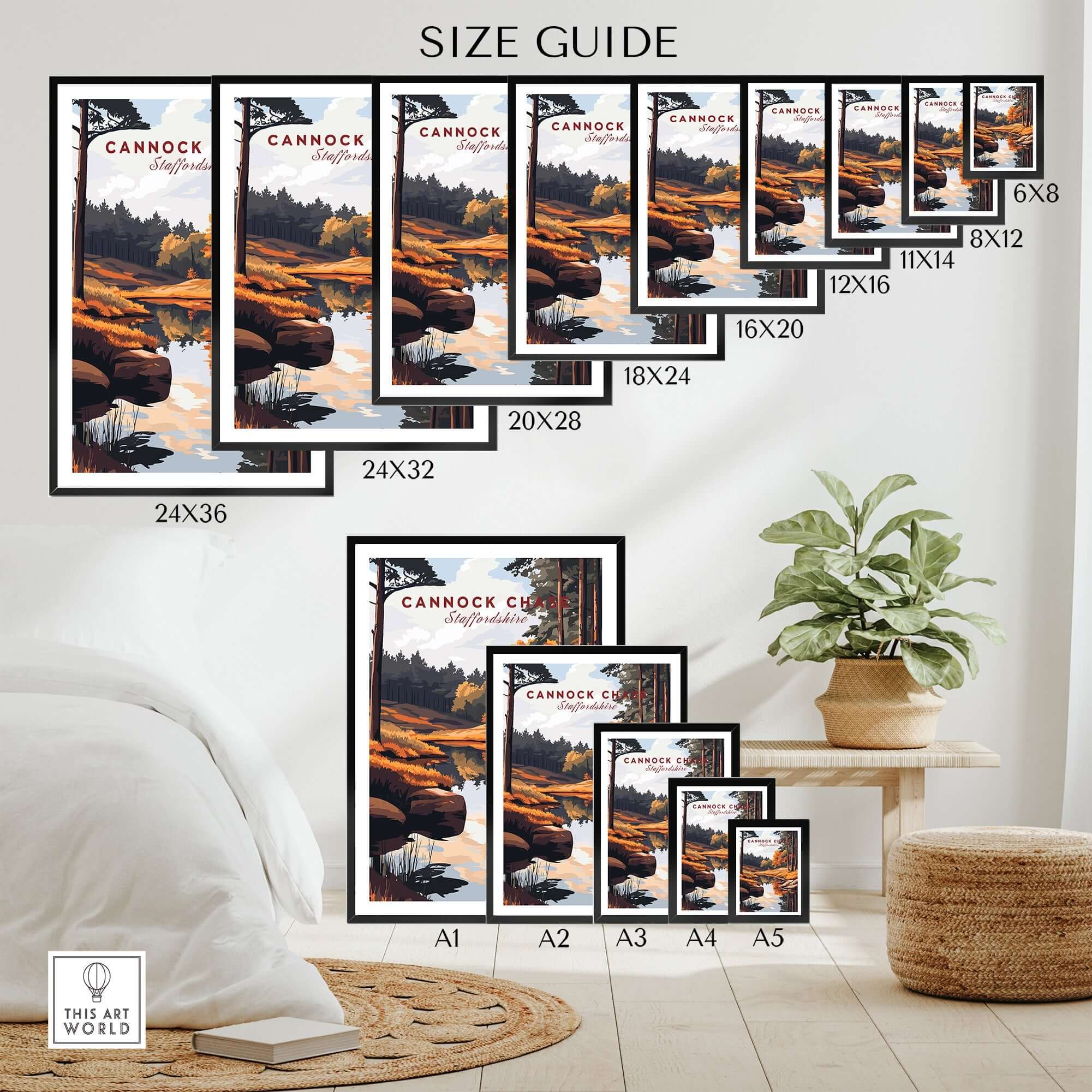 Cannock Chase Art Print size guide showcasing various frame sizes and designs for home decor.