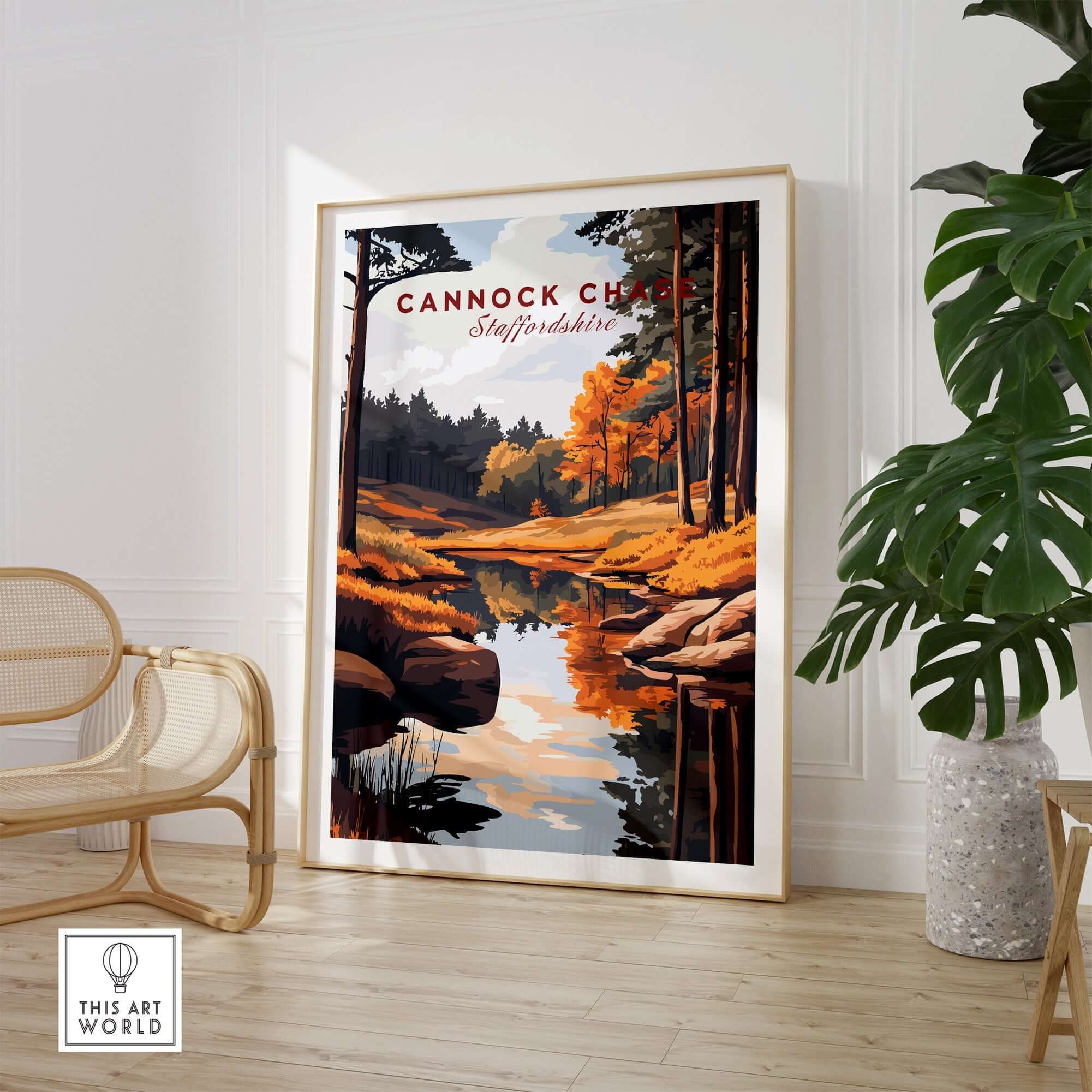 Cannock Chase Art Print showcasing vibrant autumn scenery with a tranquil reflection in a modern interior setting.