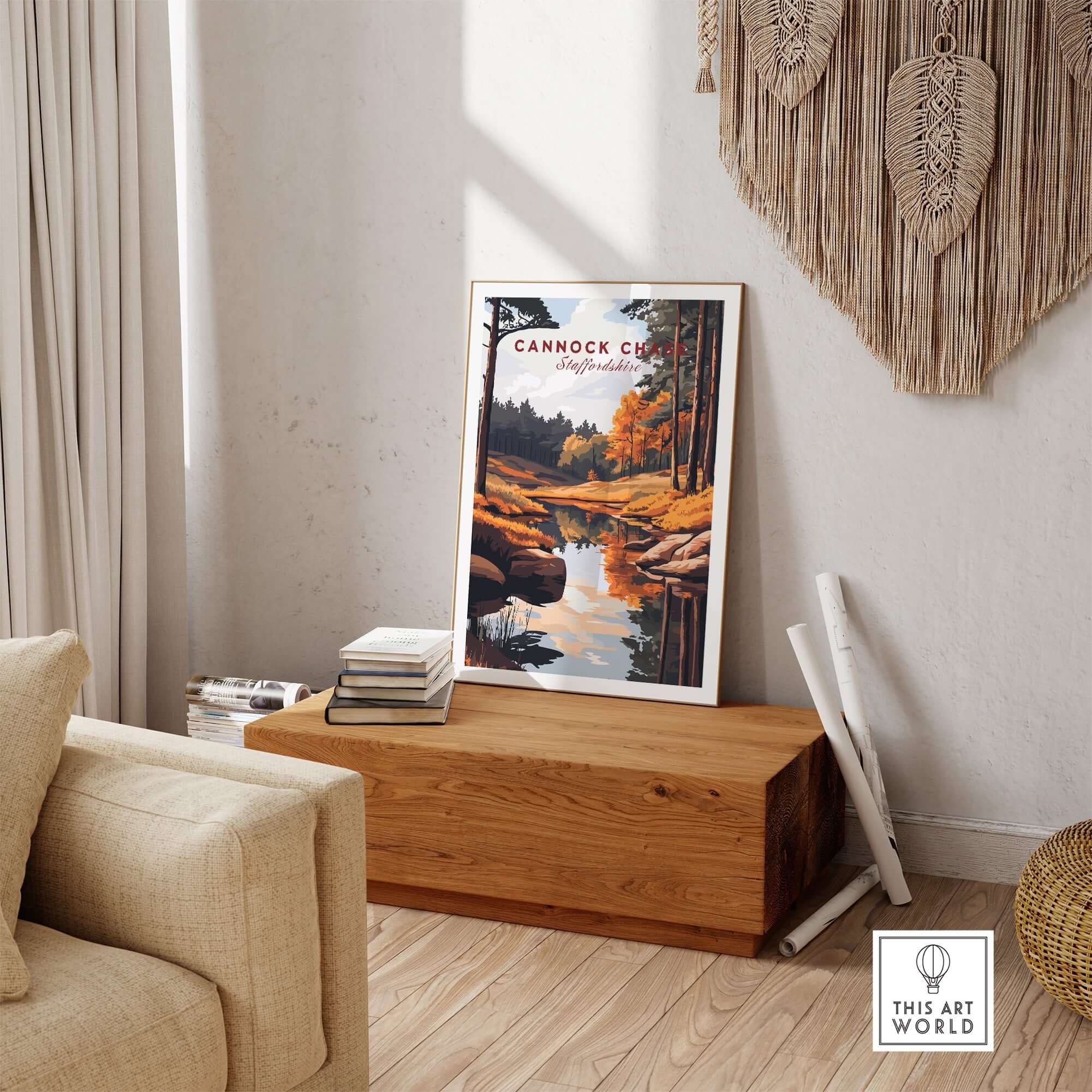 Cannock Chase Art Print displayed in a cozy living room, showcasing vibrant nature artwork.