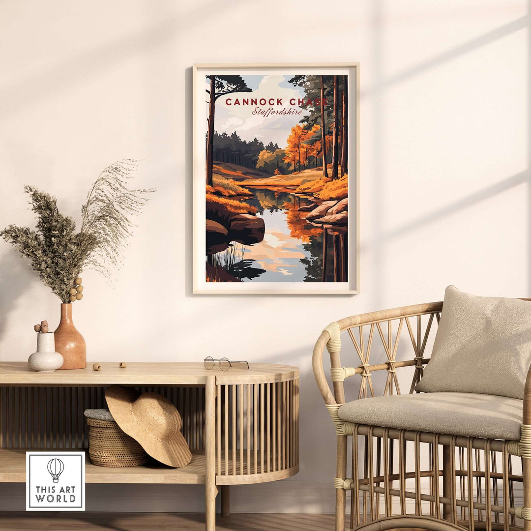 Cannock Chase art print showcasing a serene landscape with vibrant autumn colors in a cozy home setting.