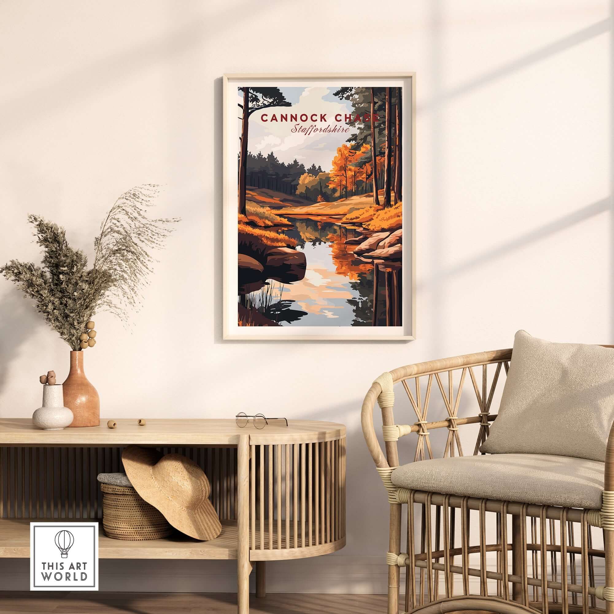 Cannock Chase Art Print displayed in a bright room featuring nature-inspired decor and warm colors.