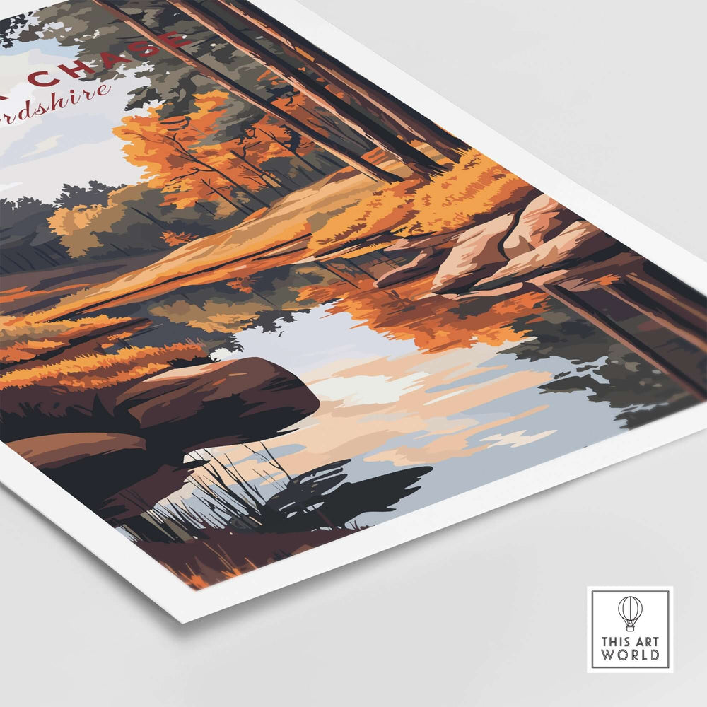 Cannock Chase art print showcasing vibrant autumn landscape with rocks and serene water reflections. Perfect for home decor.