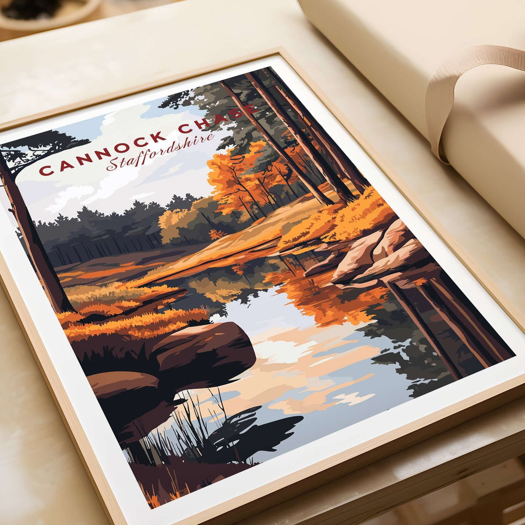 Cannock Chase art print showcasing vibrant colors of a Staffordshire landscape with a serene river and autumn trees.