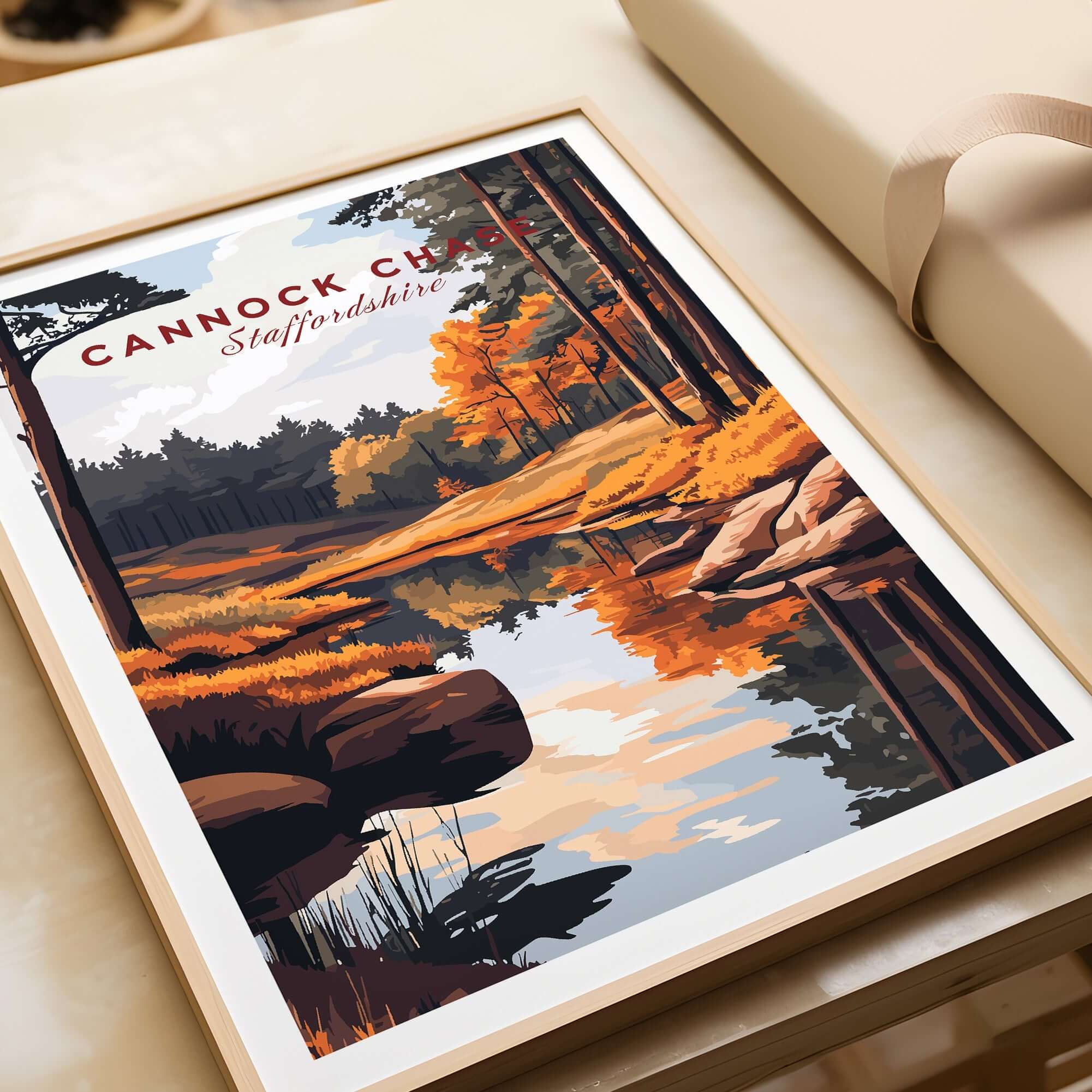 Cannock Chase Art Print featuring vibrant landscape artwork of Staffordshire nature scene.