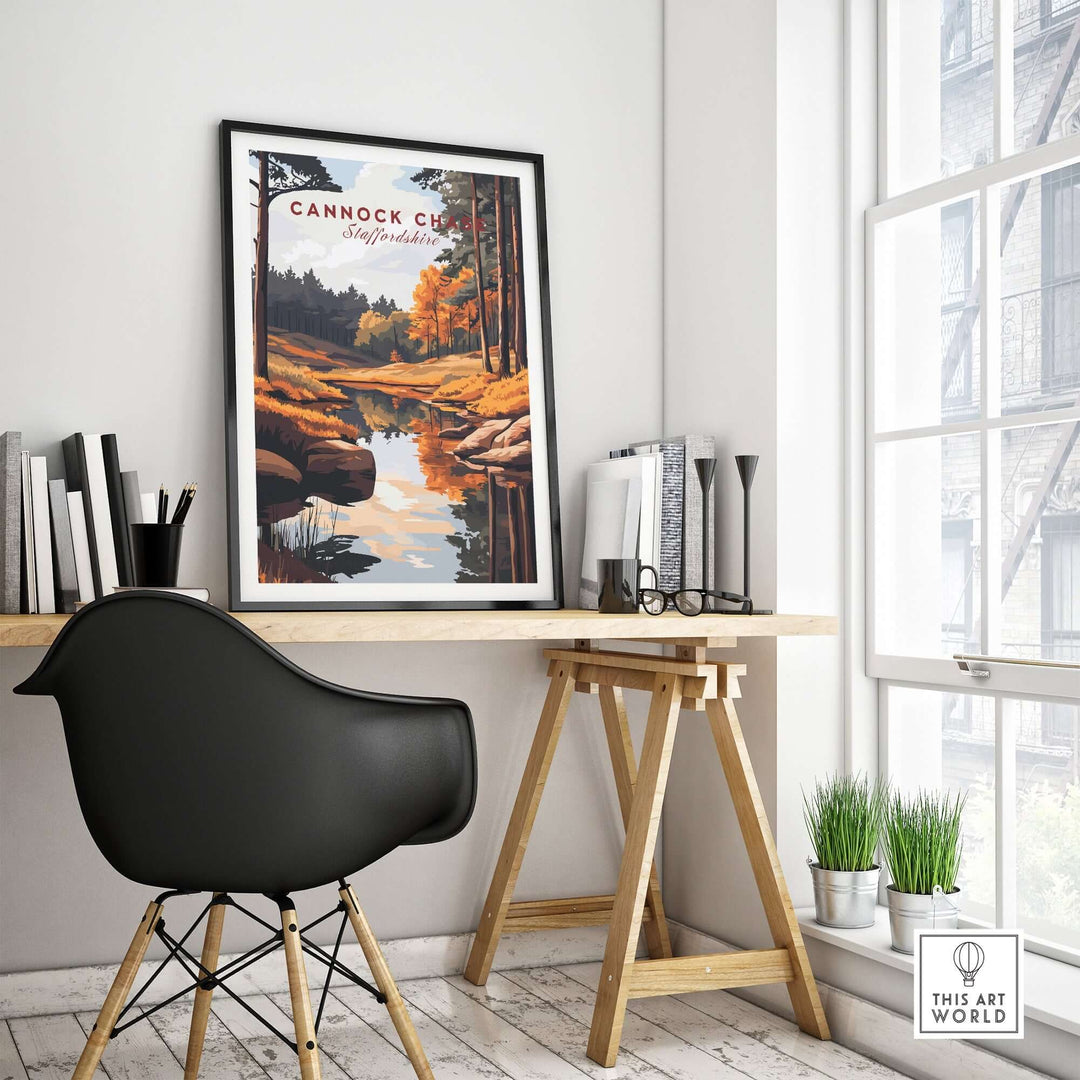 Cannock Chase Art Print displayed in a modern office setting, showcasing vibrant nature scenery and serene landscape.