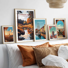 Cannock Chase Art Print displayed among other vibrant city art prints in a cozy living room setting.