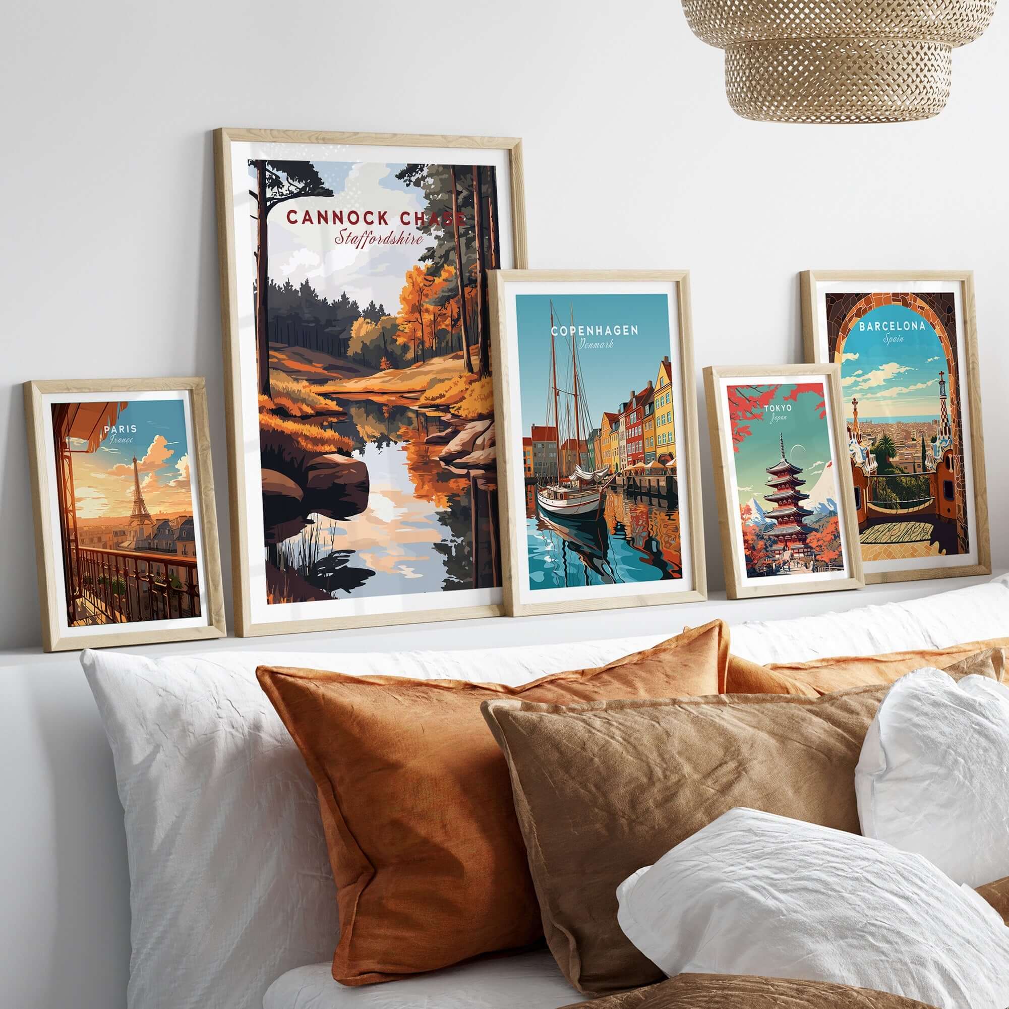 Cannock Chase Art Print displayed among other vibrant city art prints in a cozy living room setting.