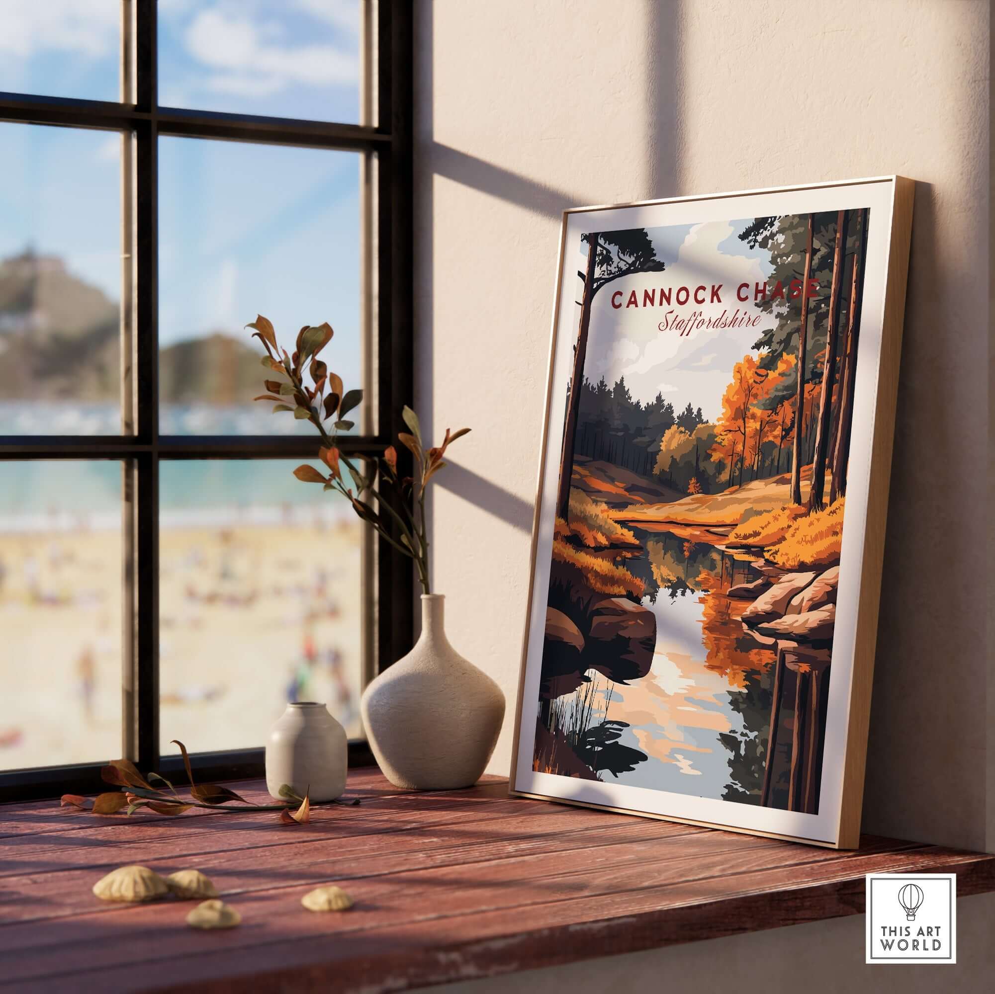 Cannock Chase Art Print framed on a wooden table with a vase and plants, showcasing vibrant nature scenery.