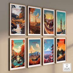 Cannock Chase Art Print among framed city art prints showcasing vibrant landscape and travel destinations.