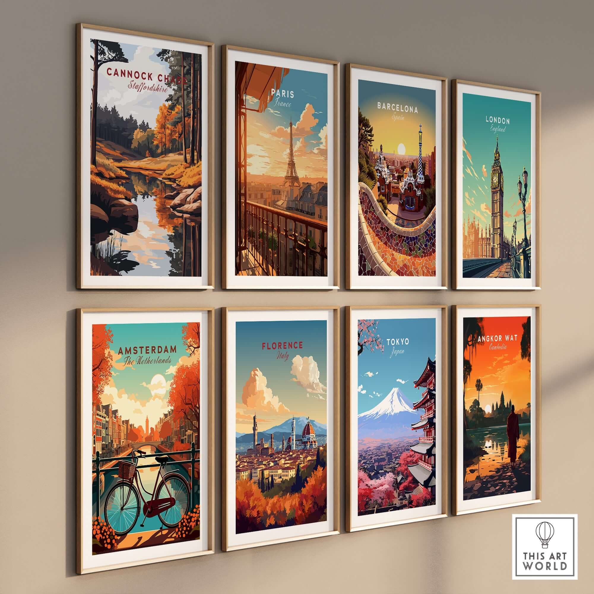 Cannock Chase Art Print among framed city art prints showcasing vibrant landscape and travel destinations.