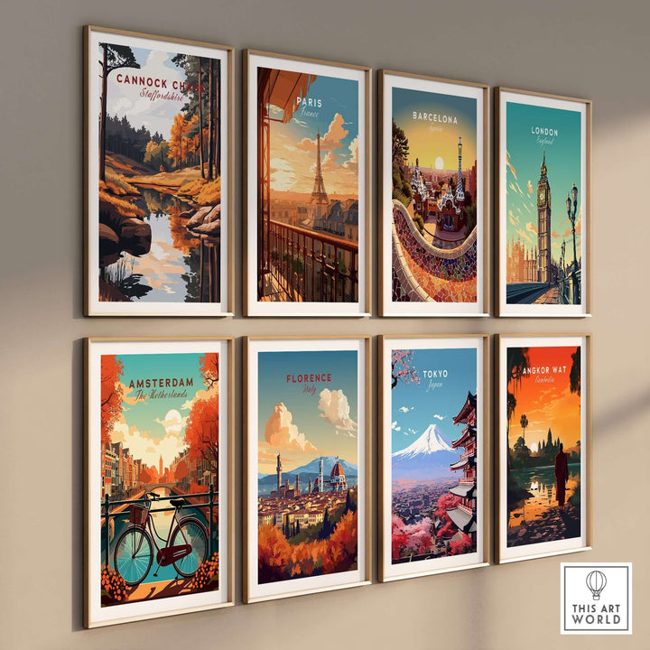 Colorful gallery wall featuring art prints of Cannock Chase, Paris, Barcelona, London, Amsterdam, Florence, and Tokyo.