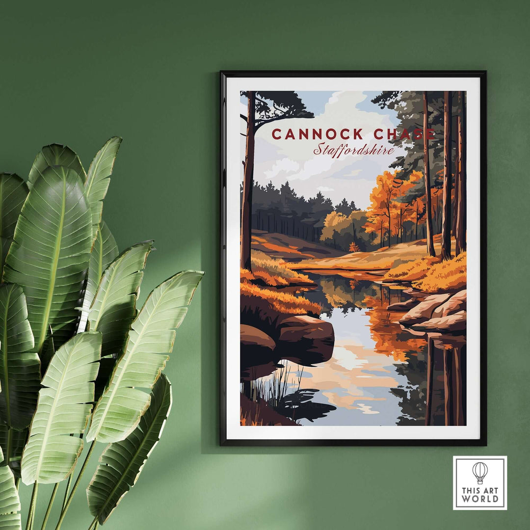 Cannock Chase art print featuring vibrant autumn landscape and reflective water, ideal for home or office decor.