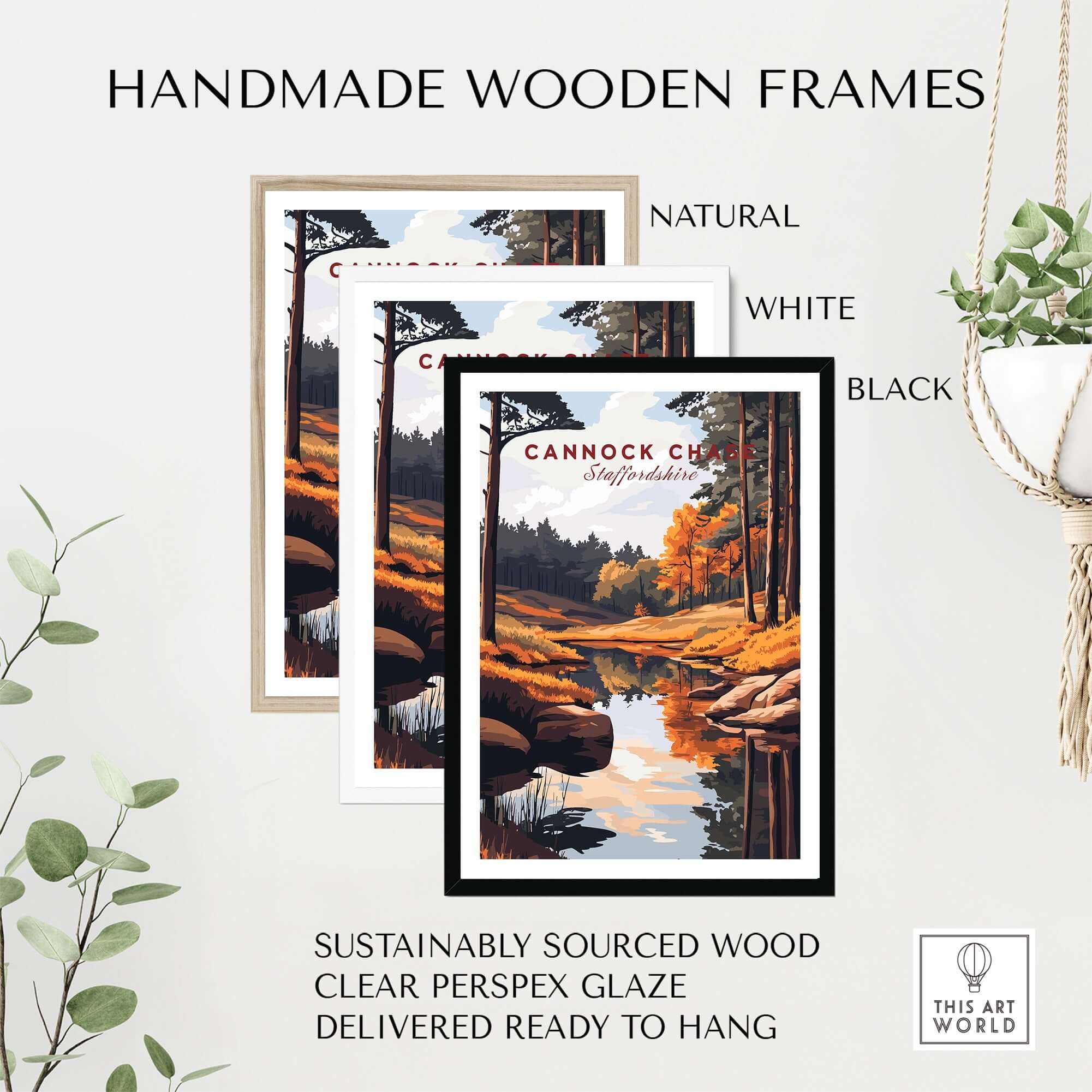 Cannock Chase Art Print displayed in handmade wooden frames in natural, white, and black finishes.