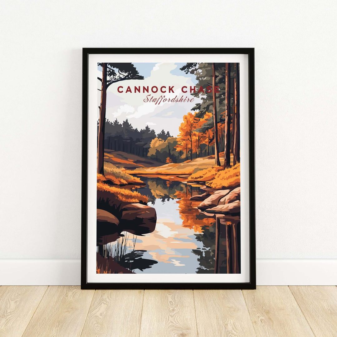 Cannock Chase art print showcasing vibrant landscape with autumn colors and serene river reflection in a stylish frame.