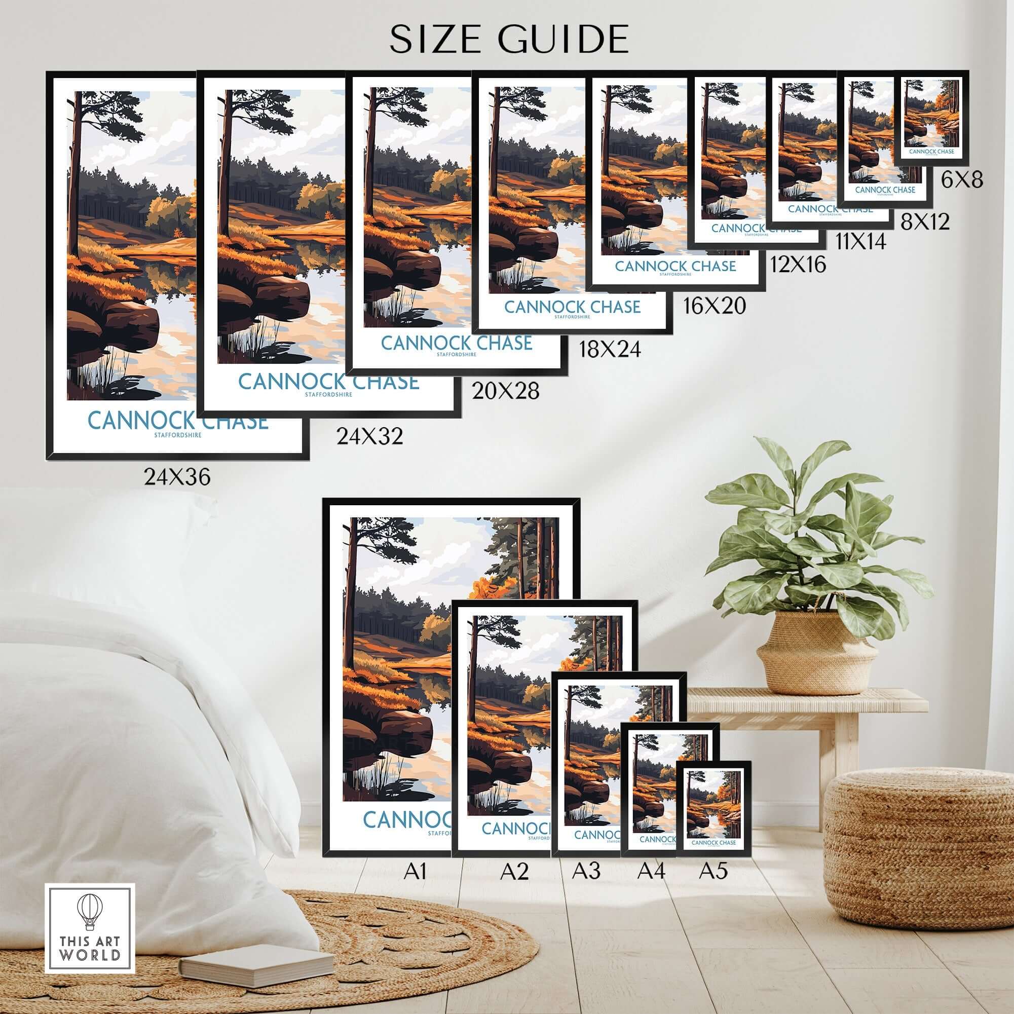 Size guide for Cannock Chase Print sizes showcasing various dimensions and frame options.