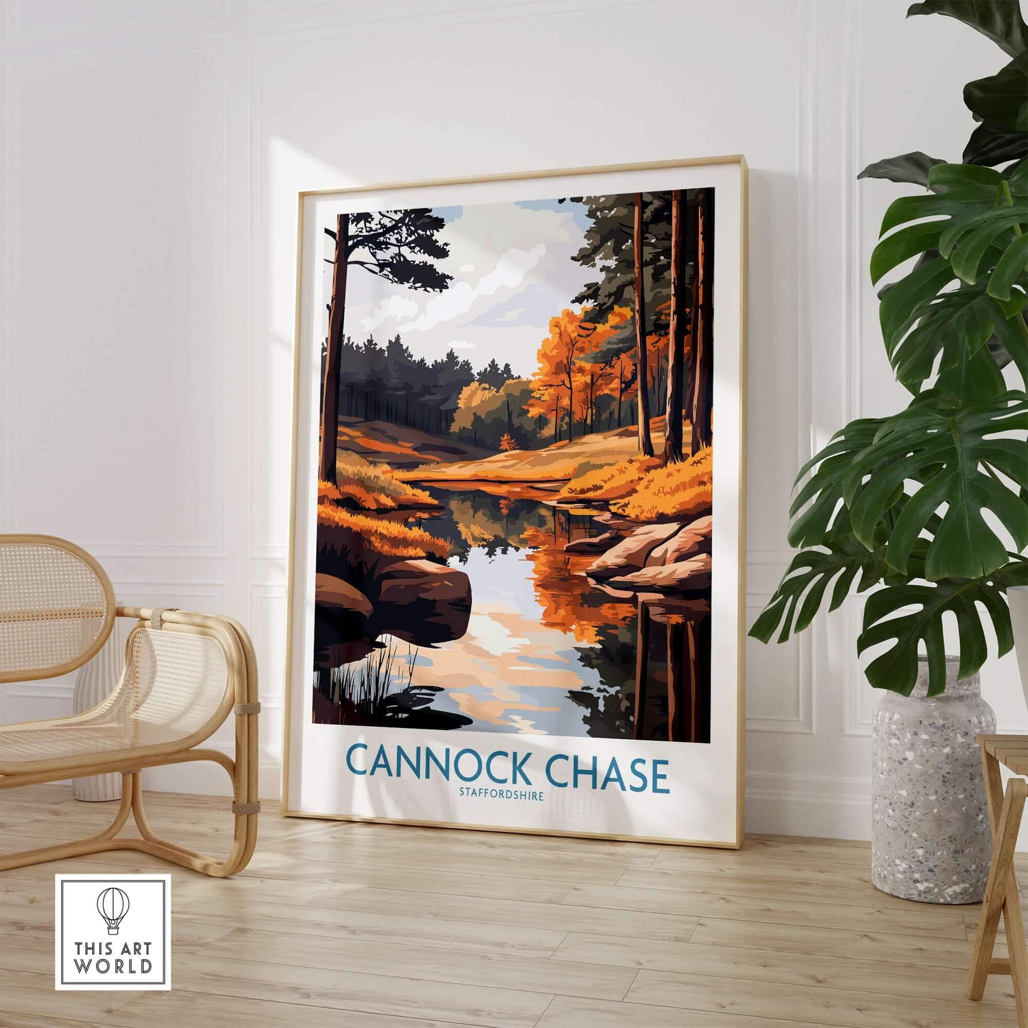 Cannock Chase Print featuring autumn landscape and serene river reflection in a stylish interior setting.