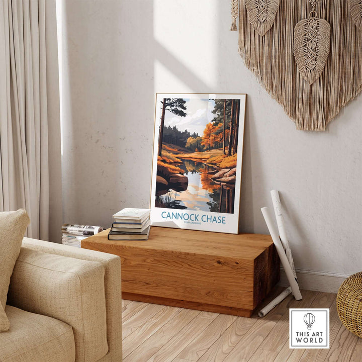 Cannock Chase print featuring serene nature scene in a stylish home setting, perfect for adding tranquility to any space.