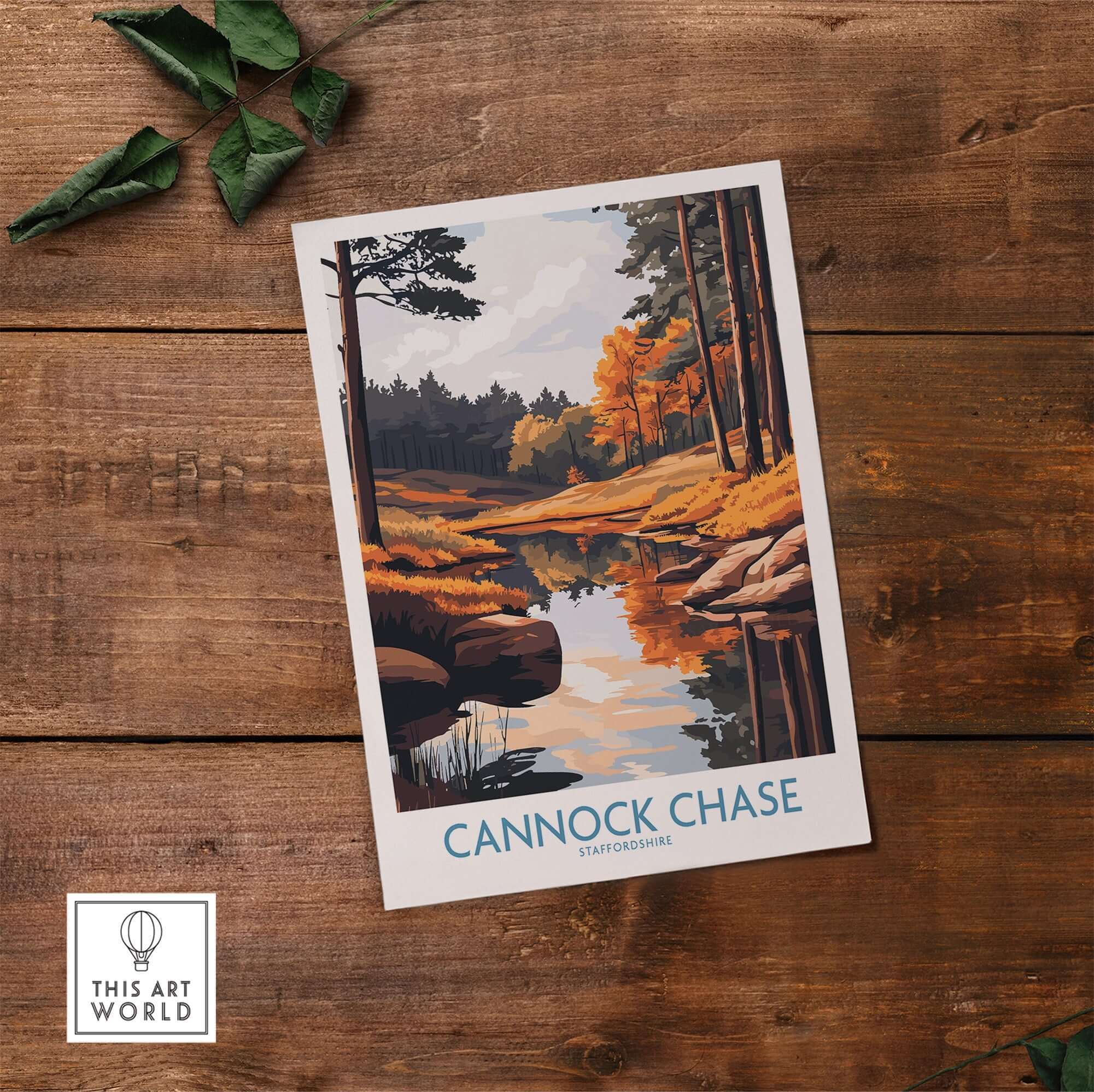 Cannock Chase Print showcasing a tranquil landscape with trees and a reflective river on a wooden background.