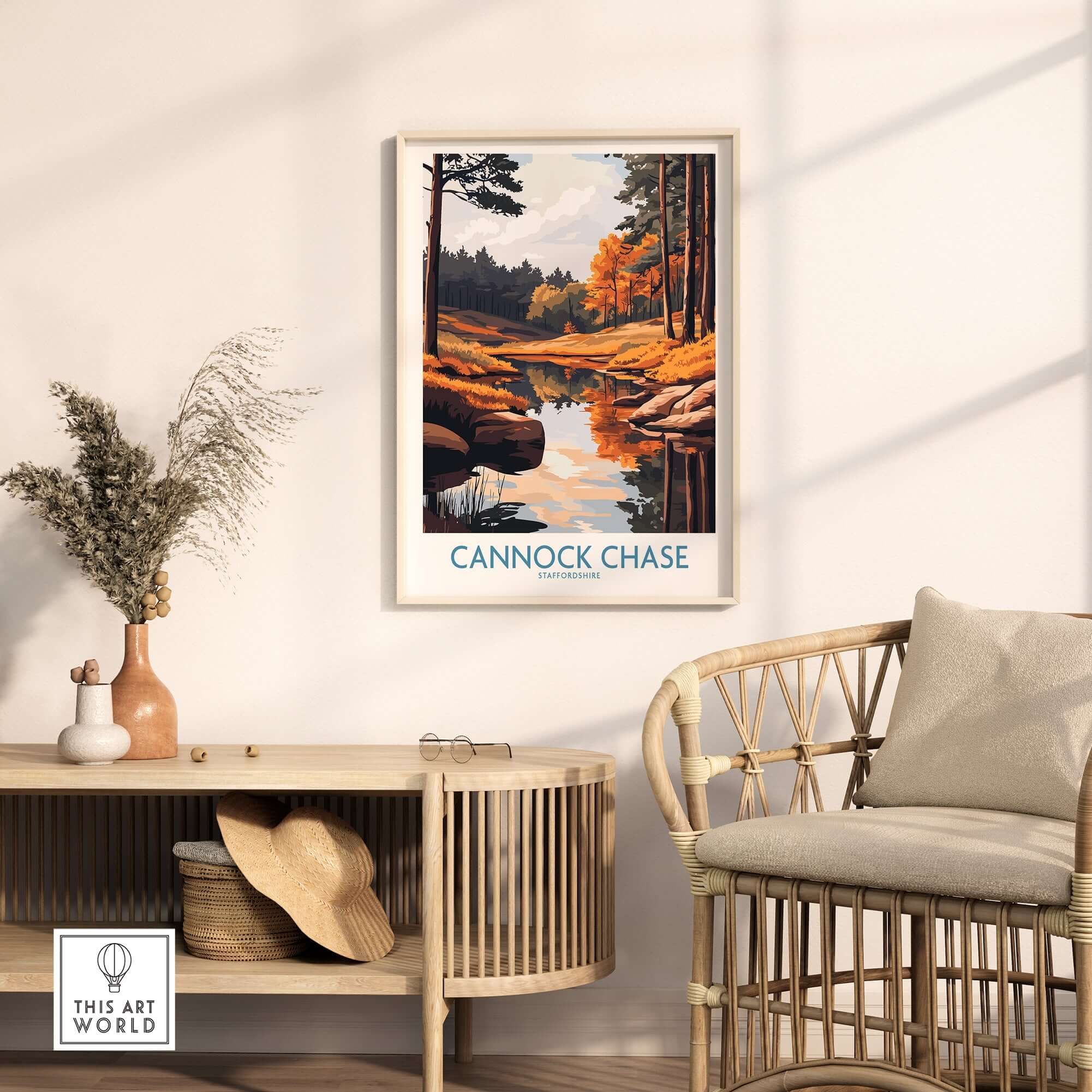 Cannock Chase Print showcased in a modern living room setting with natural decor and calming colors.
