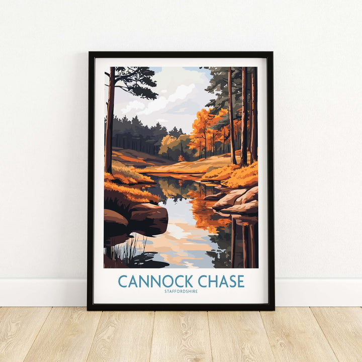 Cannock Chase print featuring a serene lake and vibrant autumn trees, perfect for adding tranquility to your space.