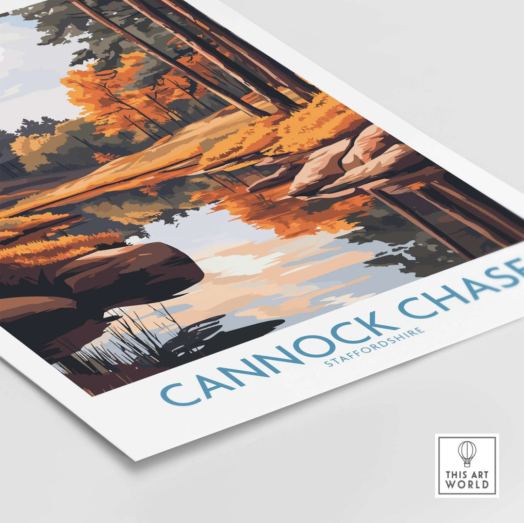 Cannock Chase Print showcasing serene autumn landscape and tranquil water reflections in Staffordshire. Perfect for home decor.